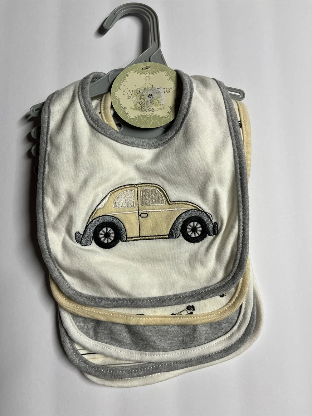 Baby Car Embroidered Bibs - Cream & Gray (5 Pack)